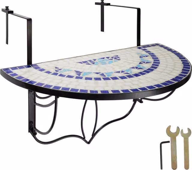 tectake Mediterranean Semicircular Hanging Table with Blue and White Geometric Ceramic Mosaic Pattern and Folding Top
