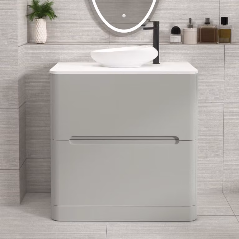 Royal Bathrooms Venice 800mm Floor Standing Vanity Unit in Dove Grey with 2 Drawers, Plain White Worktop and Nova Basin