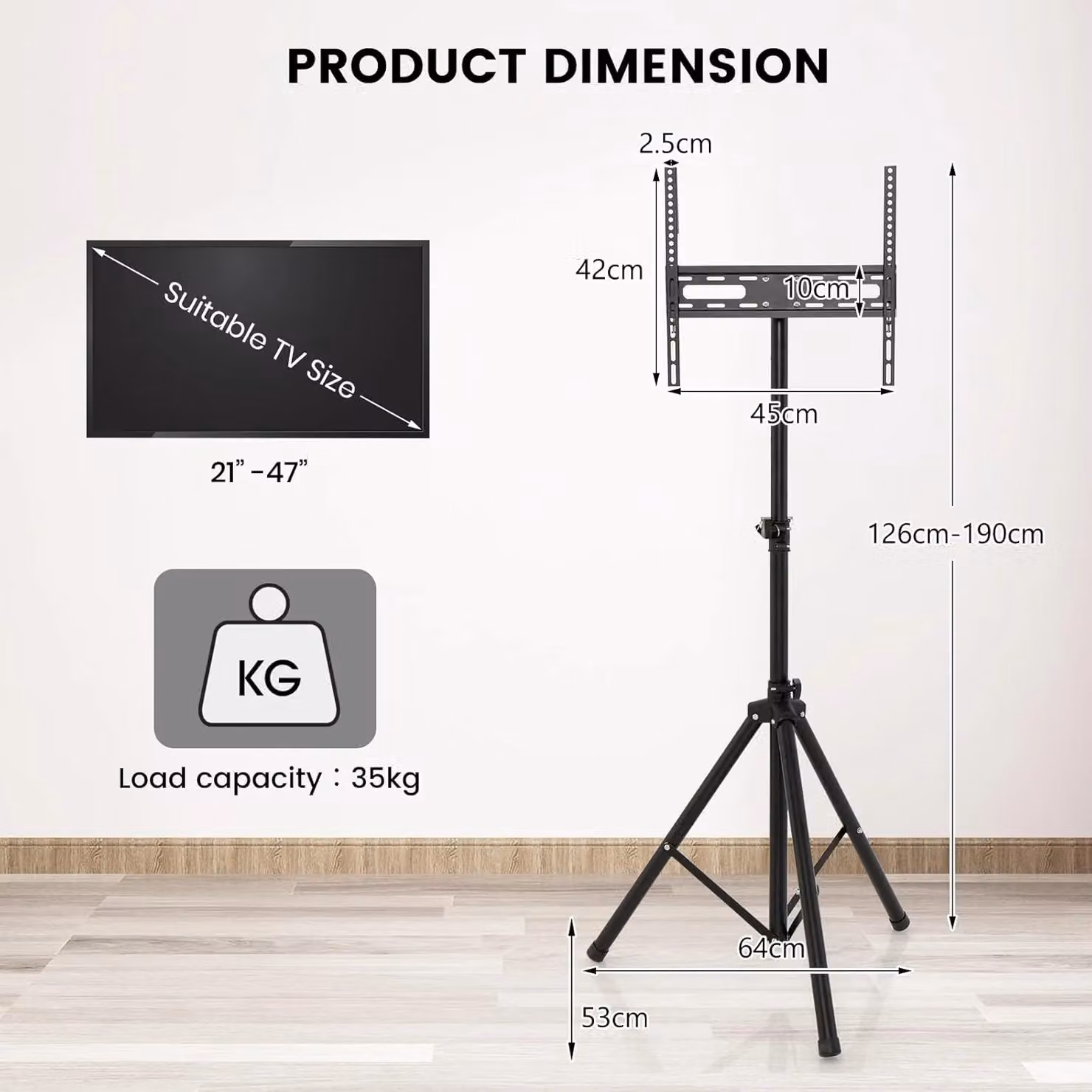 Gymax Tripod TV Stand in Black with 5-Position Height Adjustment and Swivel Function – 3