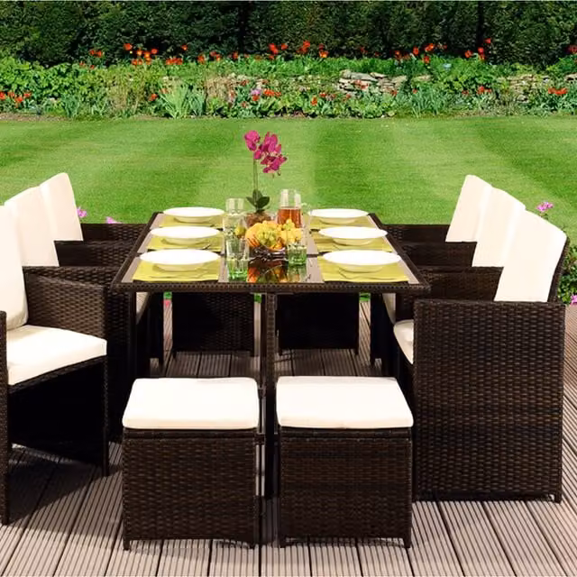 Comfy Living 11 Piece Modern Cube Rattan Garden Furniture Set with Cover in Dark Brown