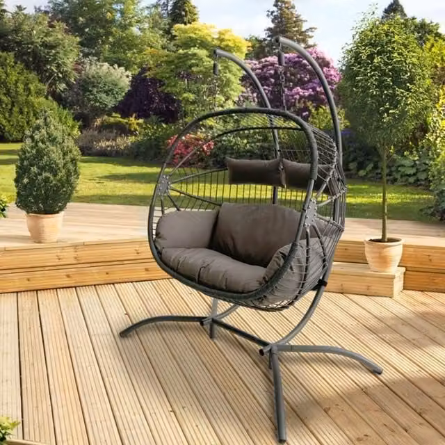 Pagoda Bali Double Hanging Rattan Egg Chair in Grey with Adjustable Headrest