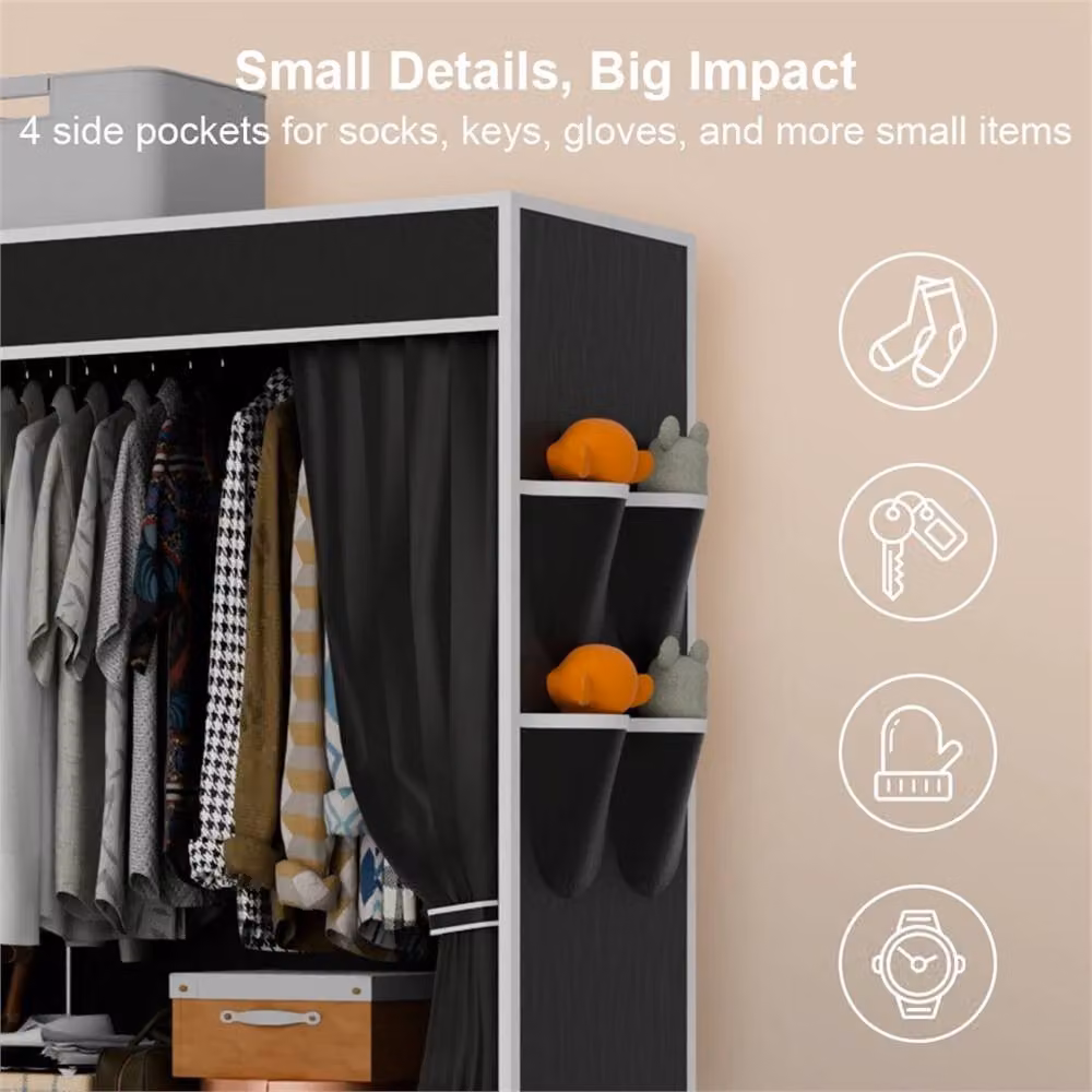 SPETLEK Large Black Fabric Canvas Freestanding Wardrobe with Doors and Drawers – 3