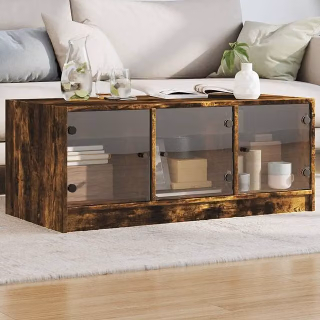 Berkfield Home Coffee Table with Glass Doors in Smoked Oak Brown, W: 102 cm, D: 50 cm, H: 42 cm – 1