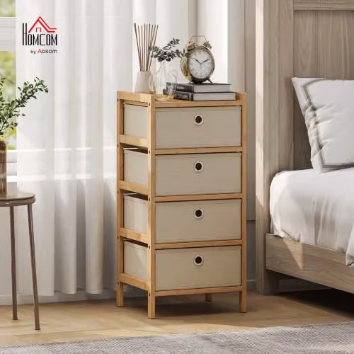HOMCOM Chest of Drawers with Bamboo Frame and 4 Fabric Drawers in Cream White – 2