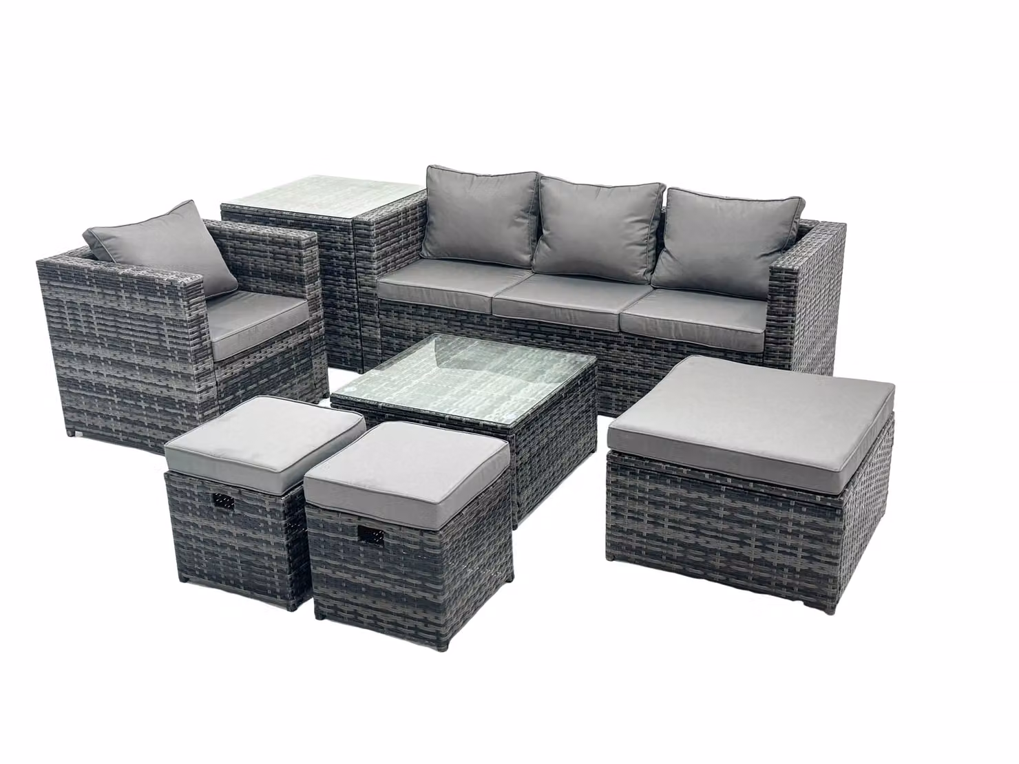 Fimous 7 Seater Patio Lounge Sofa Set with Side Table and 3 Ottomans in Grey – 2