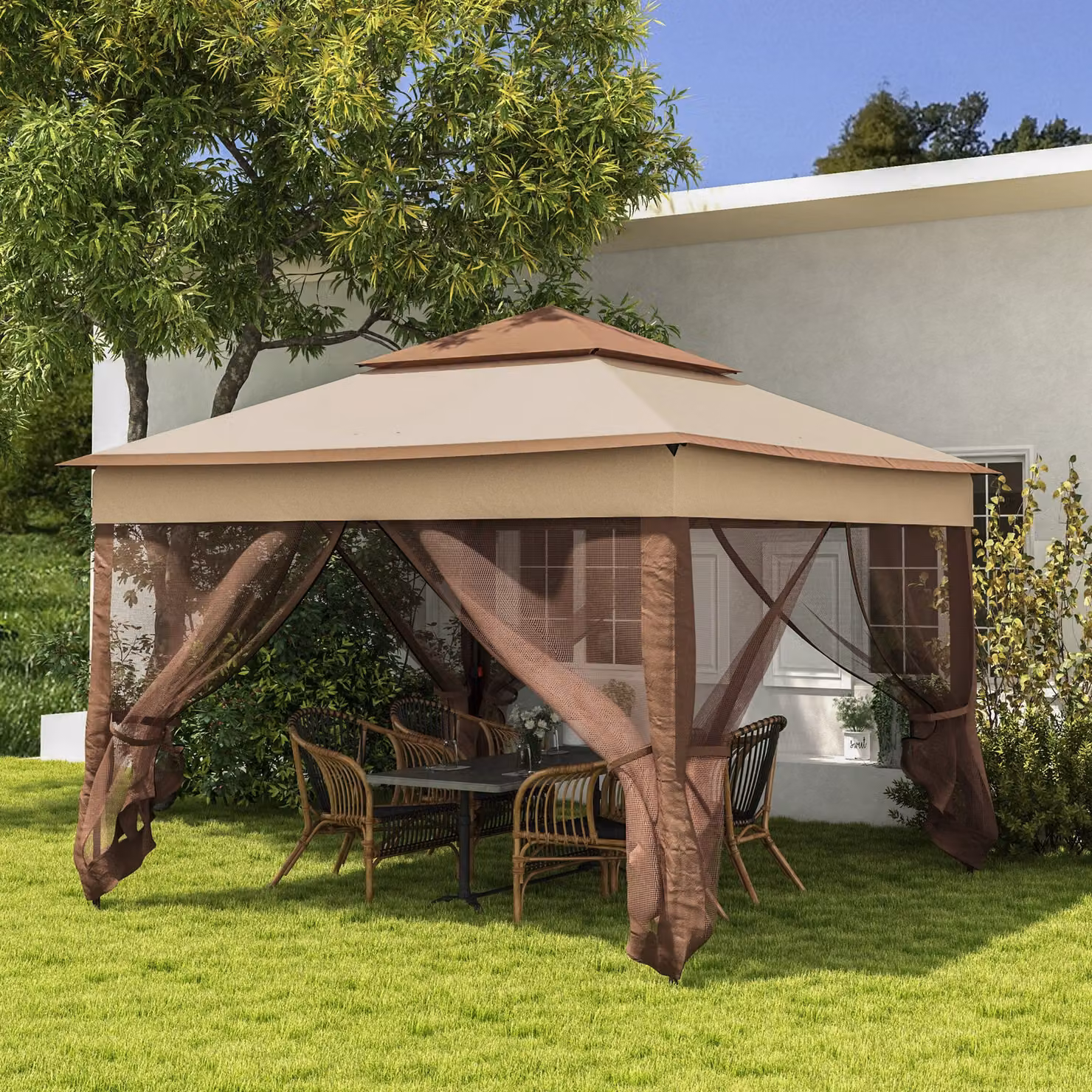 Outsunny Pop Up Gazebo with Double Roof, Netting and Carry Bag, Beige, W: 300 cm, D: 300 cm, H: 270 cm – 3