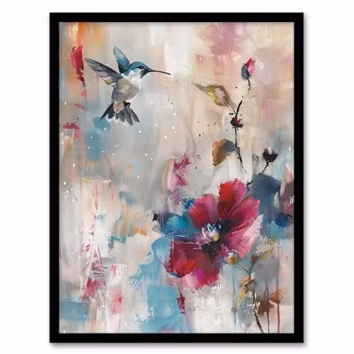 Artery8 Hummingbird and Zinnia Flower Blooms Framed Oil Painting Wall Art Print, Multicolour, W/H: 21.0 x 29.7 cm