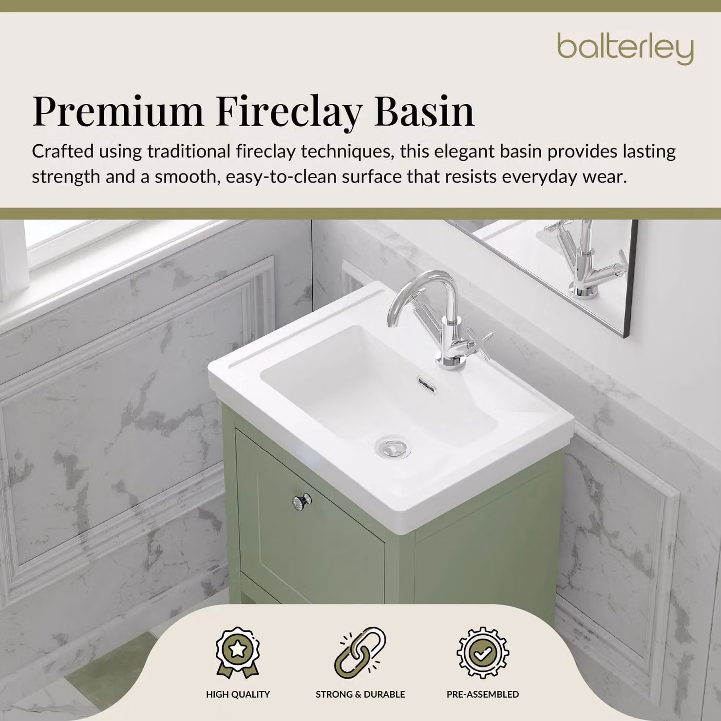 Balterley Floor Standing 1 Drawer Bathroom Vanity and Fireclay Basin, Green, W: 50 cm, H: 86.5 cm – 3