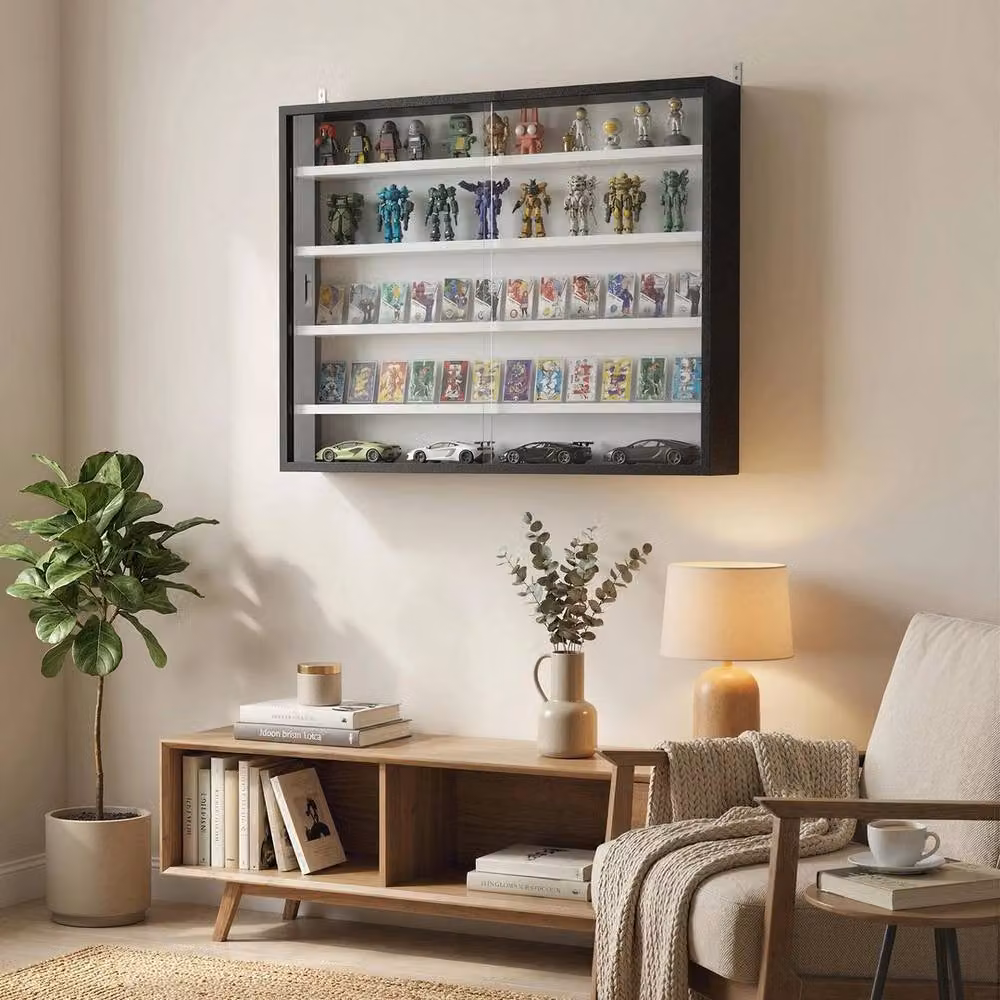 PAWNORA Modern Wall Mounted 5-Tier Display Shelf Cabinet with Glass Doors in Black and White – 5