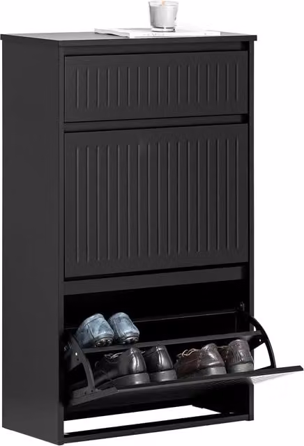 SoBuy Modern Black Shoe Cabinet with 2 Tilting Compartments and Pull Out Drawer