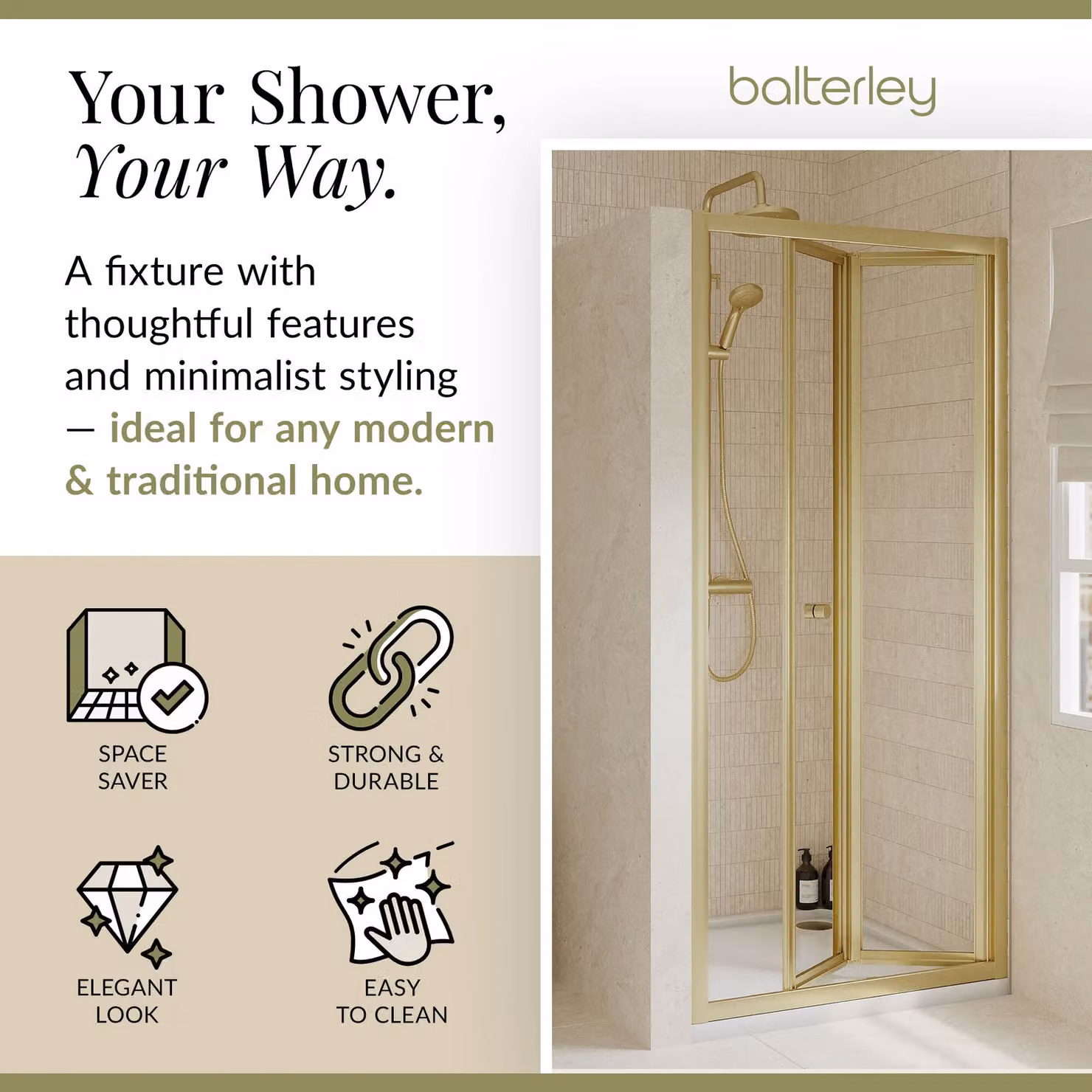 Balterley 4mm Glass Bi-Fold Shower Door, Gold, W: 90 cm, H: 190 cm – 2