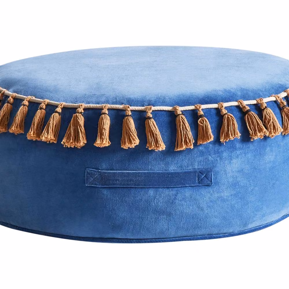 Wyld and Coco Blue Velvet Round Tasselled Pouffe Ottoman – 2