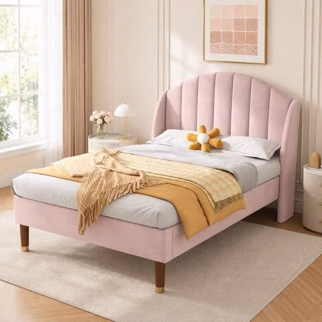 STILVORA Single Upholstered Velvet Bed in Pink, W/D/H: 90 x 190 cm