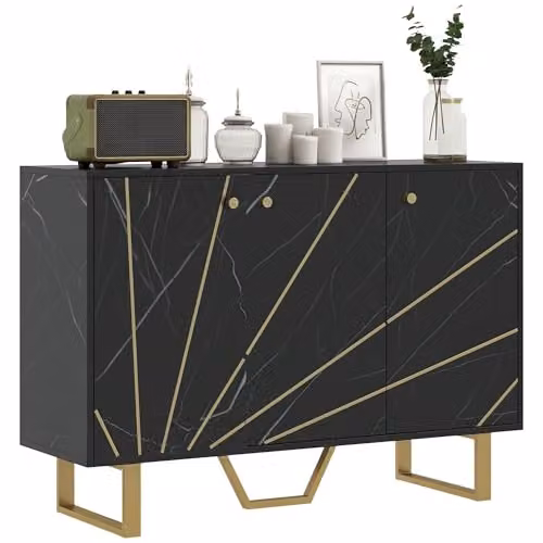 HOMCOM Modern Sideboard Storage Cabinet with Metal Legs in Black and Gold – 1
