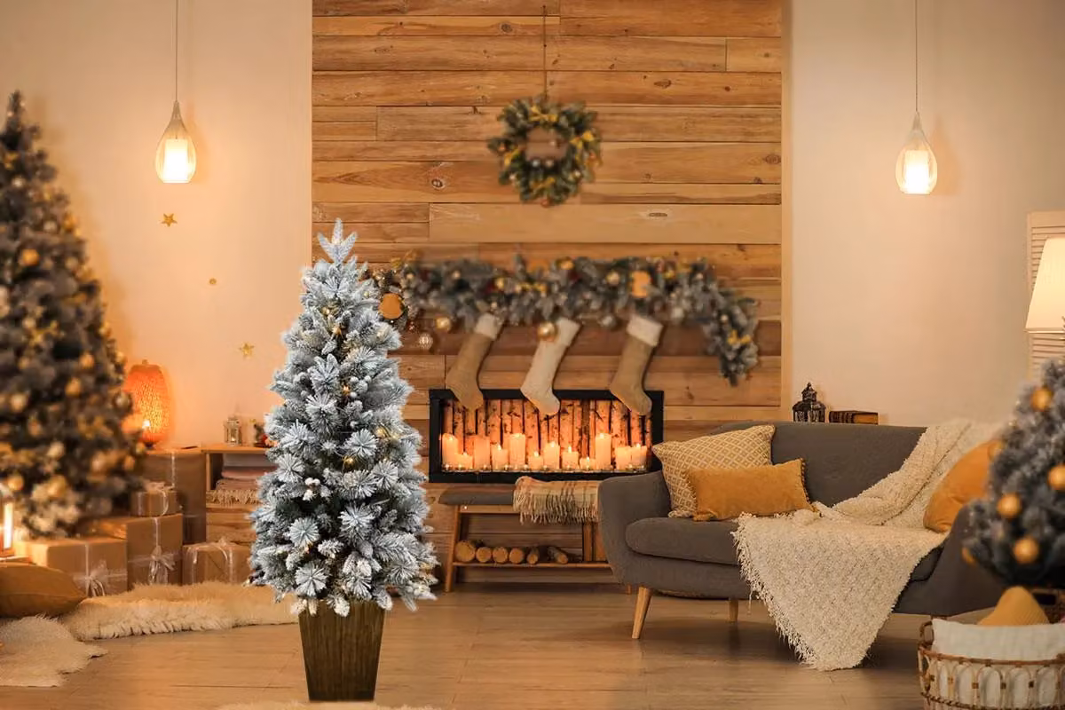 Shatchi Pre-Lit Potted Snow Flocked Christmas Tree with Pine Cones, Red Berries and Warm White LED Lights, Green, White and Red, Height: 152.4 cm – 2