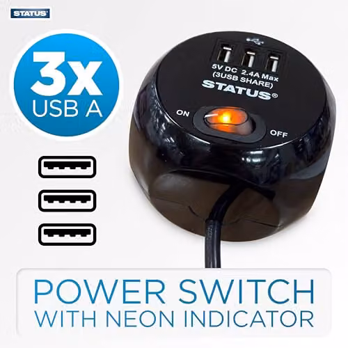 Status 3 Way Cube Socket with 3 USB Ports and 1.4 Metre Lead, Black – 5