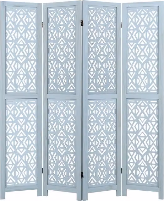 COSTWAY 4-Panel Blue Wooden Room Divider with Geometric Boho Design