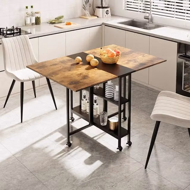 KORVIXA Brown Folding Drop Leaf Dining Table with Castors, W/D/H: 100 x 100 x 76 cm