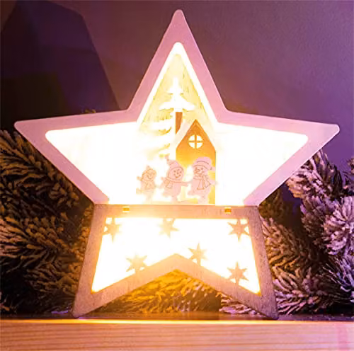 St Helens Home & Garden Battery Powered Wooden Light Up Christmas Star in White and Brown – 2