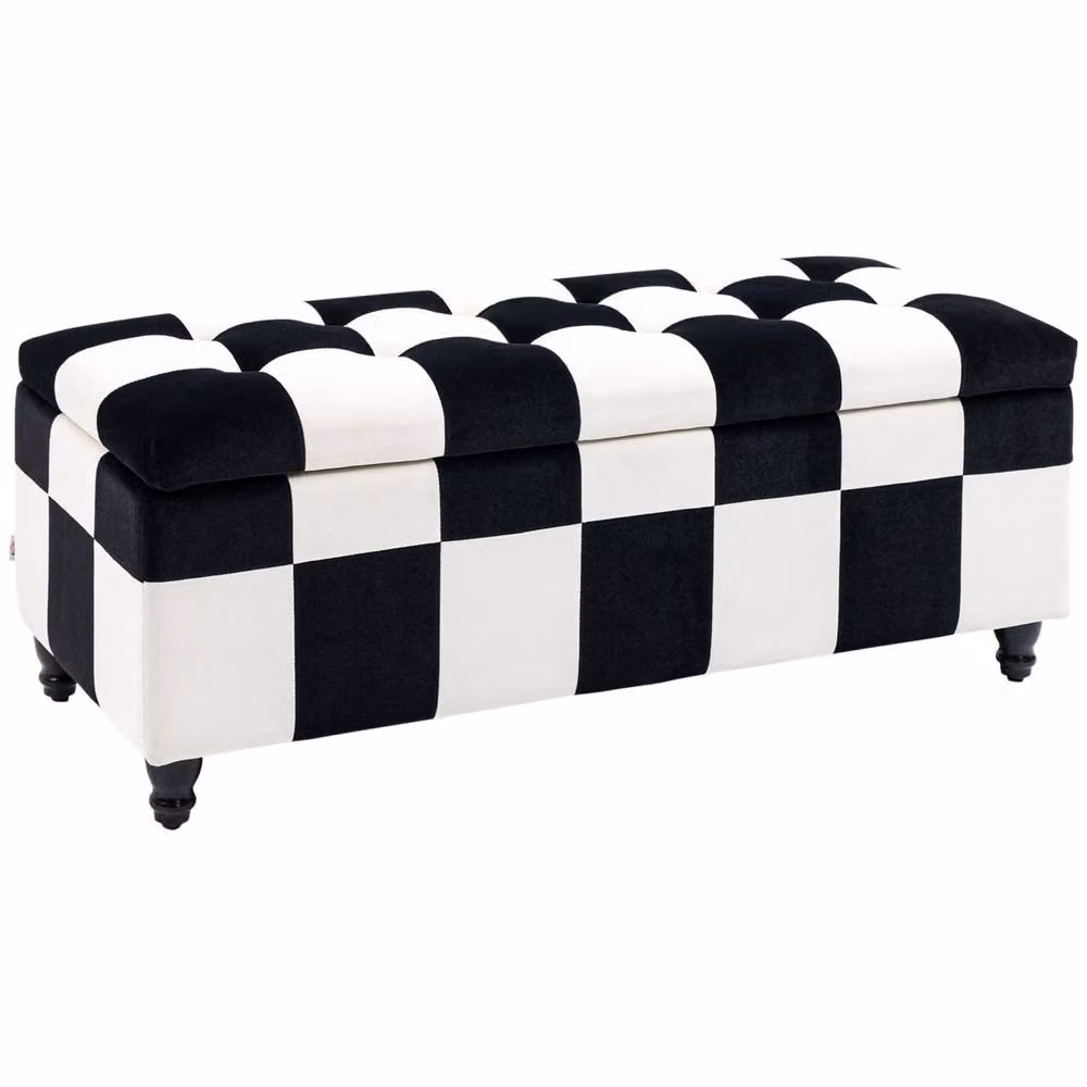 Wyld Haus Tava Velvet Storage Bench in Black and White with Wooden Legs – 2