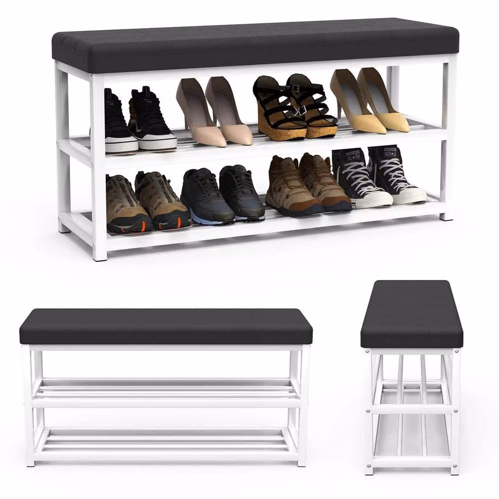FORGEVIO Modern White Shoe Bench with Storage Rack and Padded Synthetic Leather Seat – 2