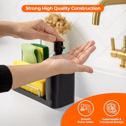 Innoteck Sink Organiser Set in Black with Dual Soap Dispenser, Sponge Holder and Removable Drip Tray (370ml + 350ml Capacity) – 3
