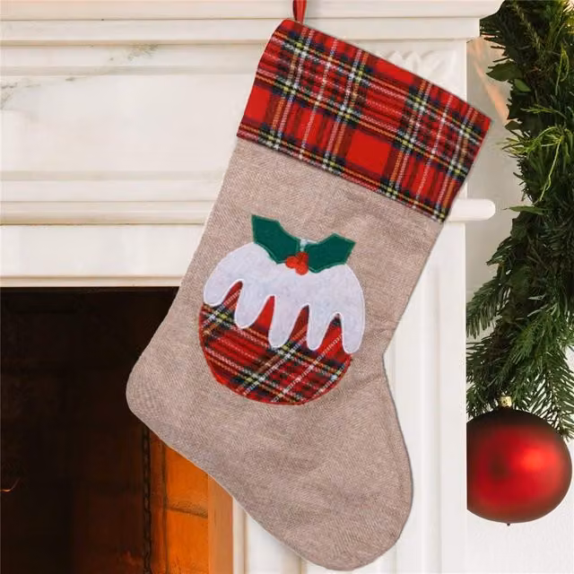 Shatchi Large Christmas Pudding Xmas Stocking in Brown Burlap Hessian Linen, W/H: 26 x 45 cm – 8