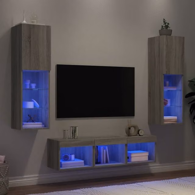 Berkfield Home 5 Piece Modern Wall Mounted TV Unit Set with Integrated LED Lighting in Grey Sonoma Matt Finish – 1