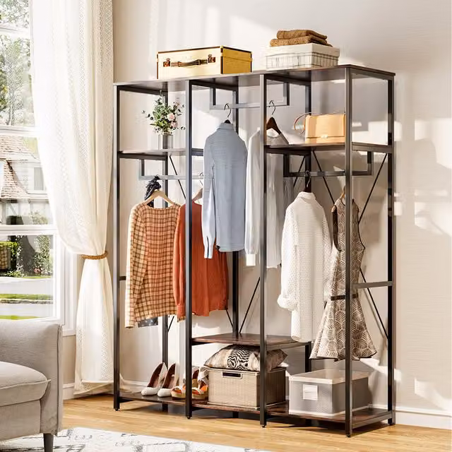 Livingandhome Industrial Metal Clothes Rail with Shelves in Black and Brown