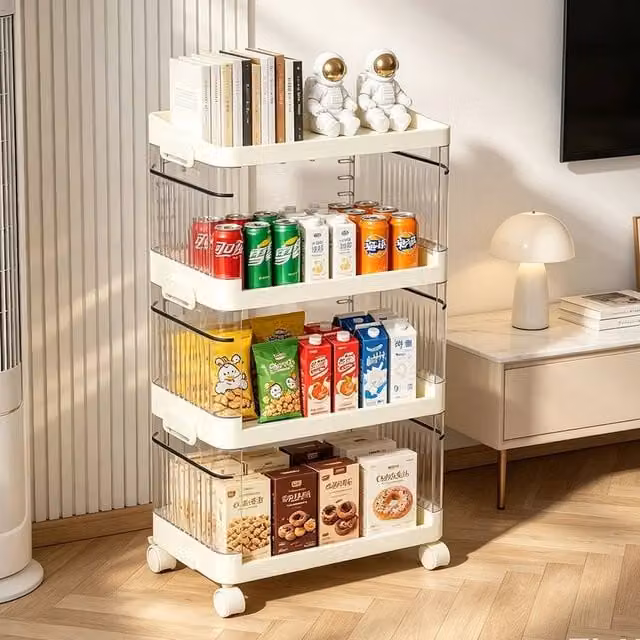 KORVIXA 4 Tier Rolling Storage Trolley with Side Guards in Cream, W: 60 cm, H: 60 cm