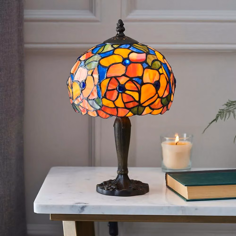 Loops Tiffany Glass Table Lamp with Multi Colour Floral Shade in Dark Bronze – 3