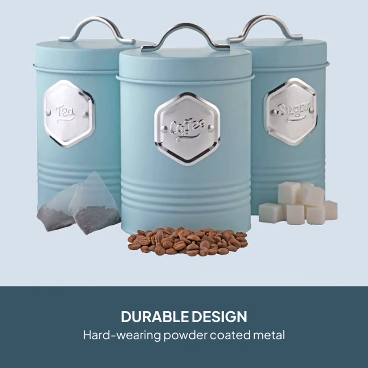 Cooks Professional 3-Piece Tea, Coffee and Sugar Airtight Storage Canister Set in Blue and Silver – 4