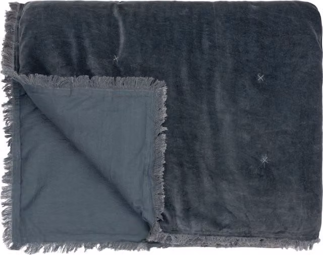 Jaye Cotton Velvet Bedspread with Fringes in Grey