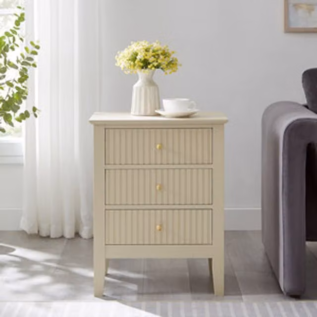 Melody Maison Classic 3 Drawer Bedside Table in Beige, Black and Gold