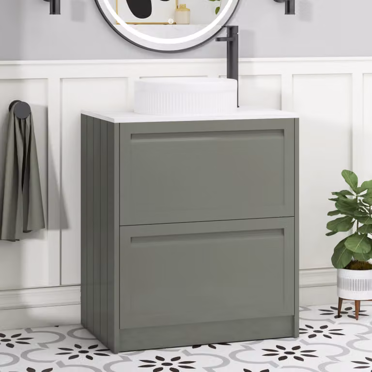 Royal Bathrooms Elmore Floor Standing Countertop Vanity Unit with 2 Drawers and Round Basin, Matt Green and White