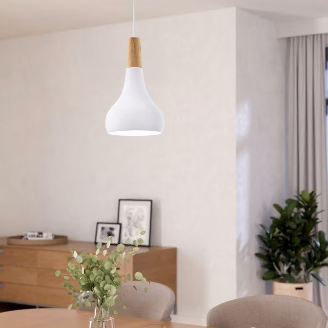 Eglo Sabinar Single Pendant Light in White and Brown Metal and Wood