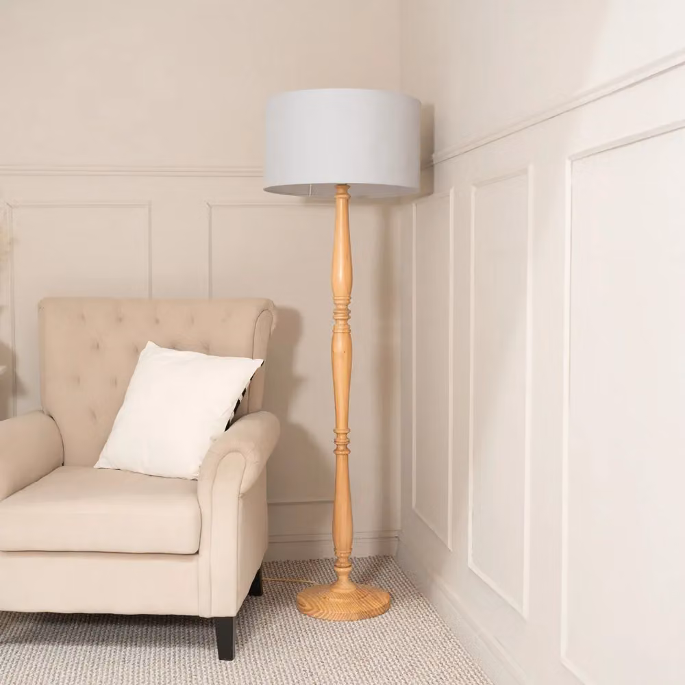ValueLights Victoria Traditional Wood Stem Floor Lamp with Grey Fabric Cylinder Shade – 3