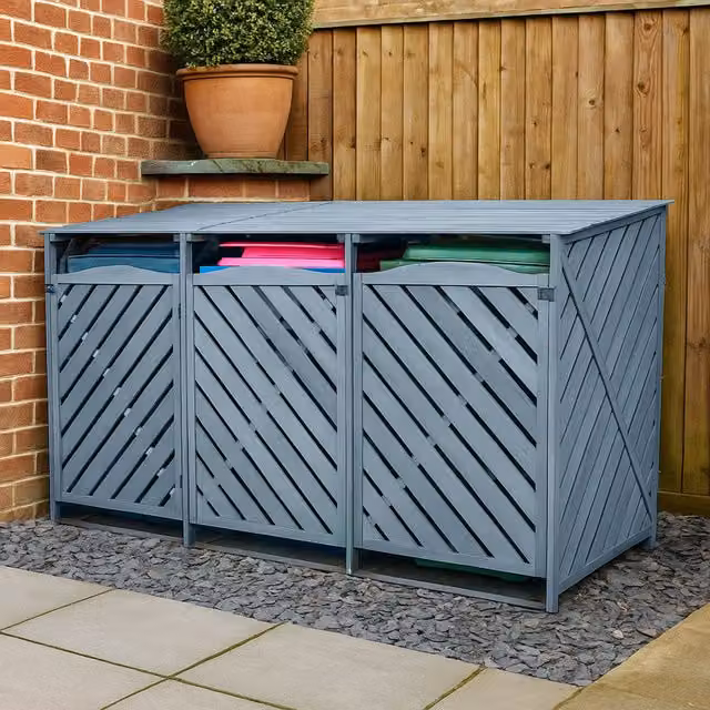 Jack Stonehouse Wooden Triple Wheelie Bin Storage Shed for 240L or 360L Bins in Grey