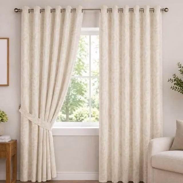 Luxury Living Jacquard Leaf Ring Top Curtains in Beige, Width: 168 cm, Drop: 137 cm
