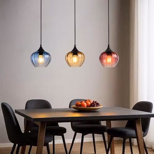 Globo Lighting Modern Bar Pendant Light with Multicolour Glass Shades and Black Metal Finish, 3x E27 Bulbs, Height Adjustable – 4