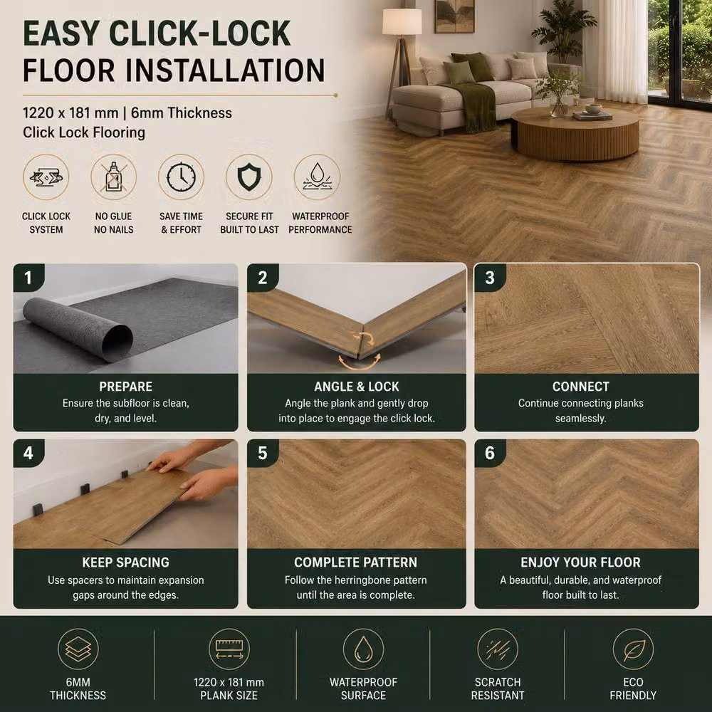 ENER-J Britwall Ashton Brown Herringbone SPC Luxury Vinyl Flooring, 1.72 m2, Pack of 20, 6mm Waterproof Click Lock – 4