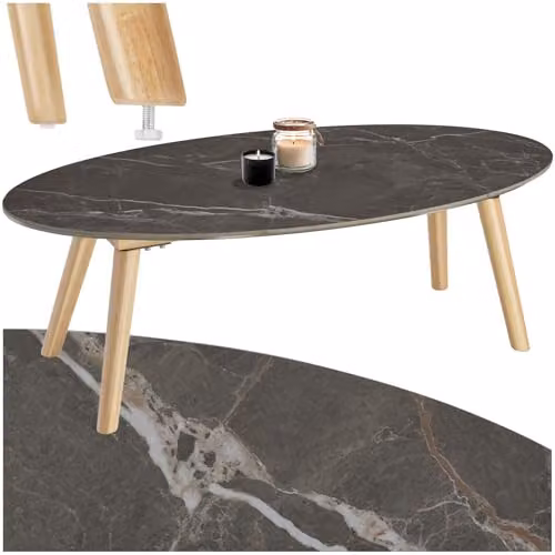 tectake Oval Coffee Table with Marble Stone Top and Height-Adjustable Wooden Legs in Grey, W/D/H: 100 x 50 x 34.5 cm – 1