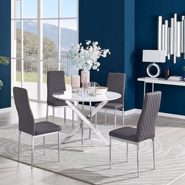 FurnitureboxUK Novara White High Gloss Round Dining Table and 4 Grey Velvet Milan Chairs