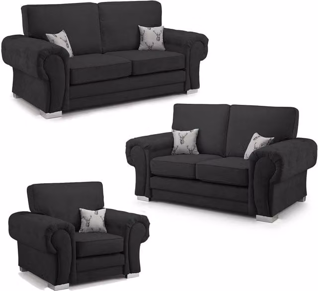 Furnishings For Less UK Milan Black Fabric 3 Piece Chesterfield Style Sofa Suite