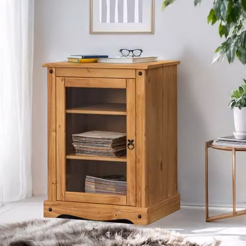 Mercers Furniture Corona Hi Fi Entertainment Unit in Antique Waxed Brown Pine with Glass Doors, H 82 cm x W 60 cm x D 51 cm – 2