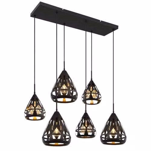 Globo Lighting Modern Black Metal Pendant Light for Dining Rooms and Kitchens, 6x E27 Bulbs, Height Adjustable