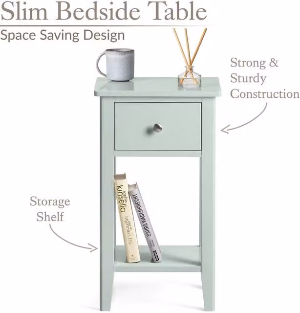 NESTLUNE Sage Green Slim Bedside Table and Modern Bedroom Nightstand