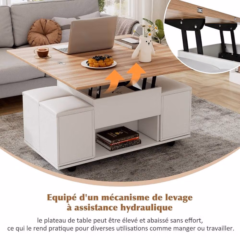Rolipo White Modern Wood Lift Top Coffee Table with Storage and 4 Chairs – 3
