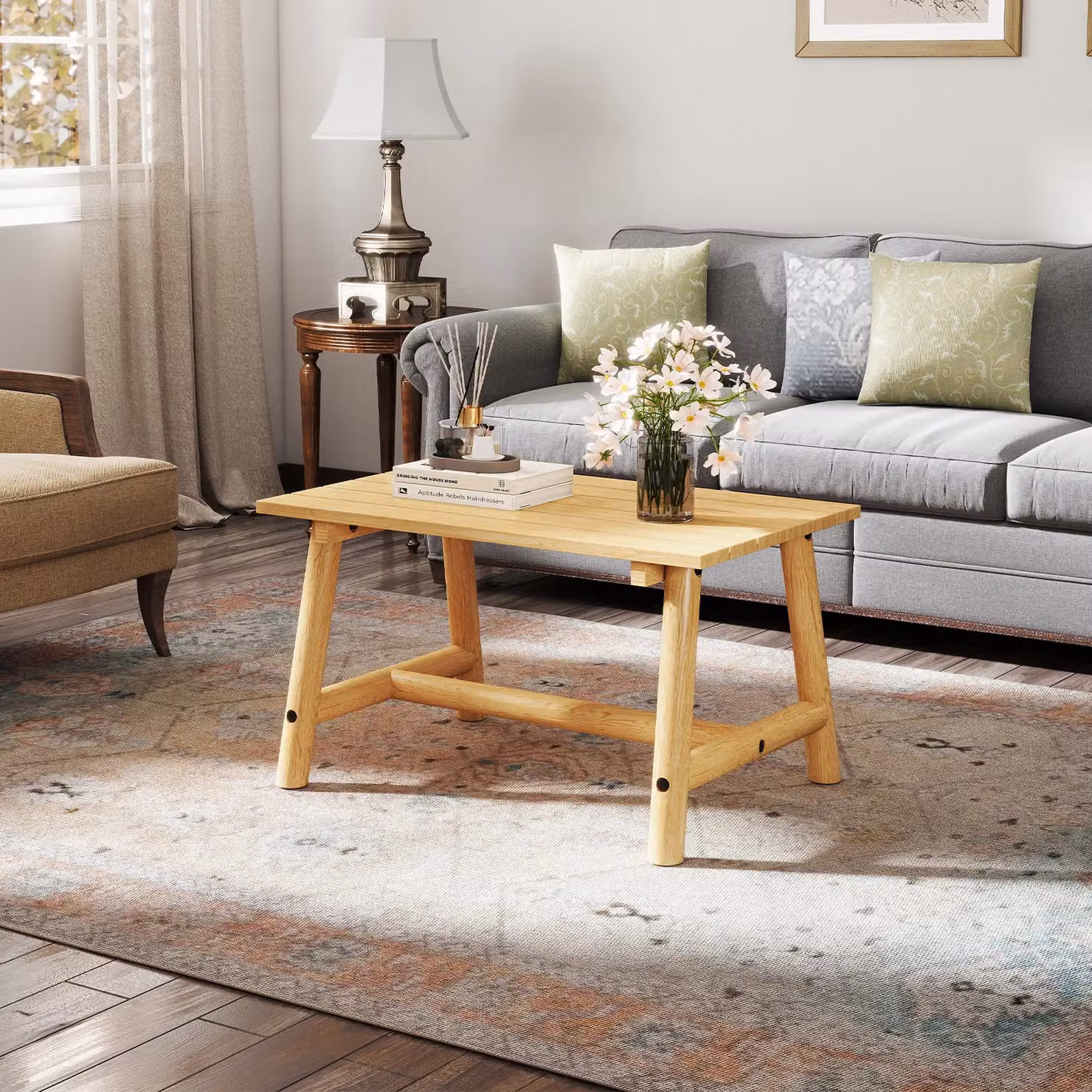 Costway Outdoor Coffee Table in Natural Solid Wood with Slatted Tabletop – 5