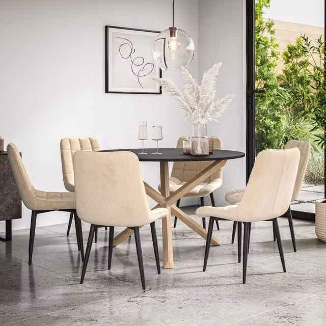 More4Homes Malvern Round Dining Table and 6 Nova Velvet Dining Chairs Set, Black Table Top with Solid Oak Legs and Beige Chairs, Diameter: 120 cm, Height: 75 cm